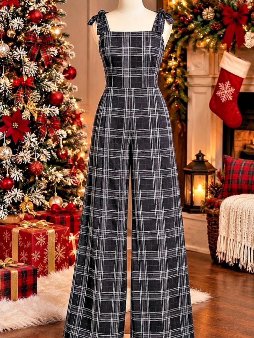 Plaid Wide Leg Jumpsuit in Black & White Like New